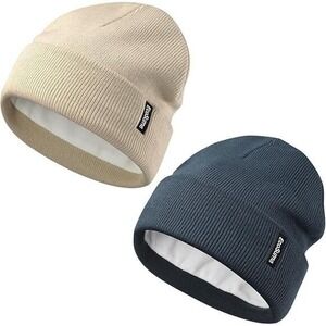 Ecosuma Beanie Hat Set Knit Winter Warm Slouchy Cuff Cap Unisex 2 Pack Tan Navy